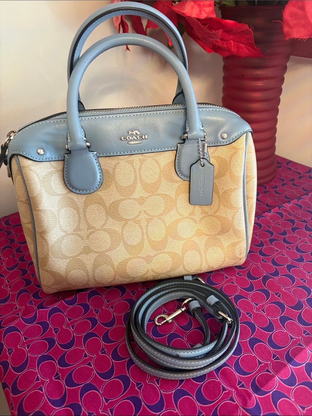 Coach Bennett Tan Signature Satchel with Light Blue Leather Trim